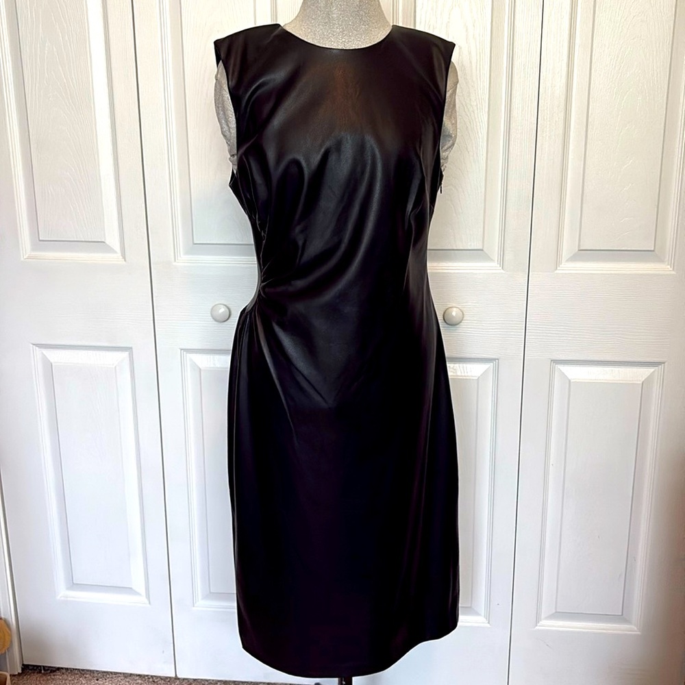 SACHIN + BABI Faux Leather Knee Sleeveless Shift Business Dress Assymetric Black